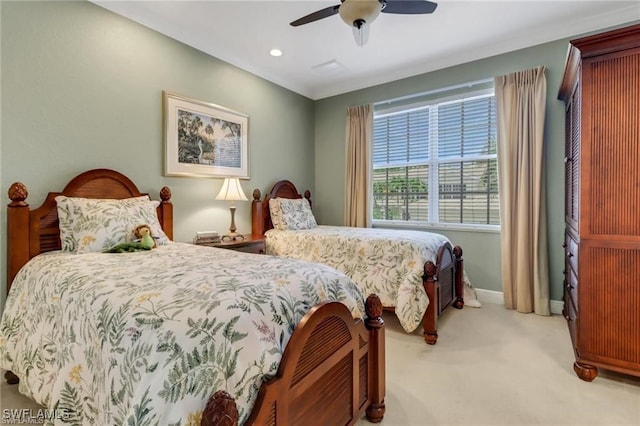 bedroom featuring light carpet, ceiling fan, recessed lighting, and baseboards