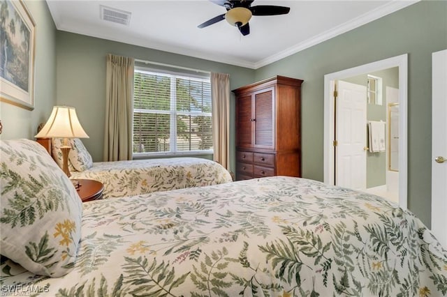 bedroom featuring visible vents, crown molding, and ceiling fan