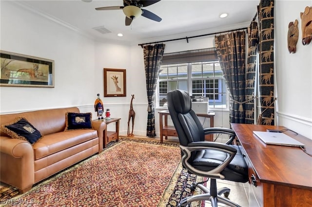 office space featuring ornamental molding, recessed lighting, visible vents, and a ceiling fan