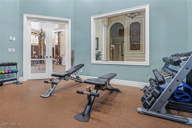 workout area featuring french doors