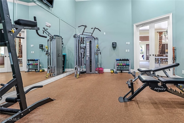 gym featuring a towering ceiling and crown molding