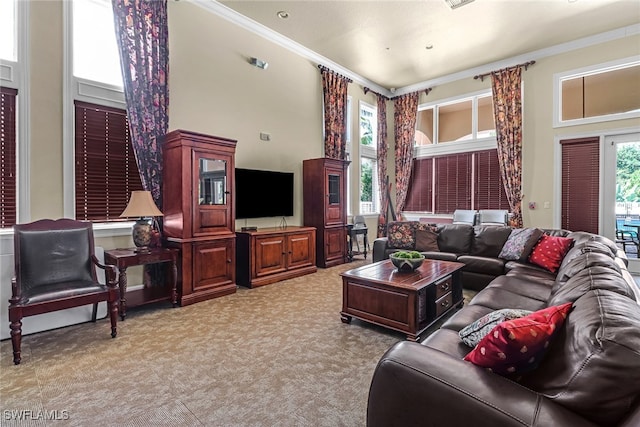 carpeted living room with a high ceiling, plenty of natural light, and crown molding