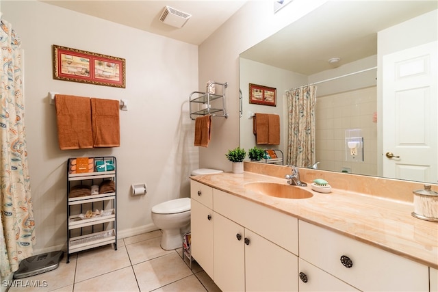 bathroom featuring vanity, toilet, tile patterned floors, and a shower with shower curtain