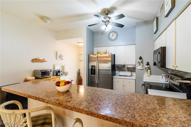 kitchen featuring electric range oven, white cabinetry, kitchen peninsula, and stainless steel fridge with ice dispenser