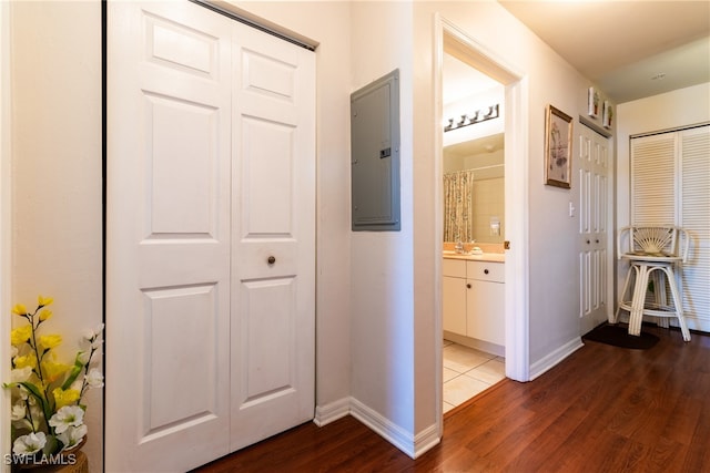 hall with electric panel and dark hardwood / wood-style floors