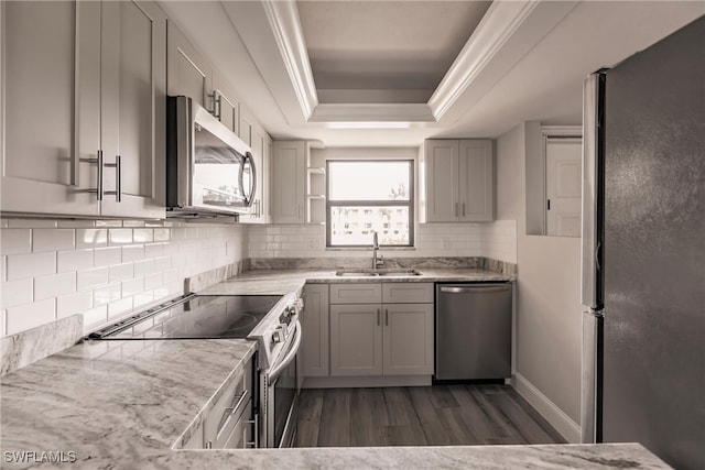 kitchen featuring a raised ceiling, backsplash, sink, dark hardwood / wood-style floors, and appliances with stainless steel finishes