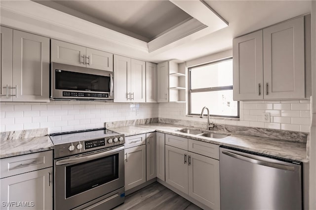 kitchen with hardwood / wood-style flooring, appliances with stainless steel finishes, sink, a tray ceiling, and decorative backsplash