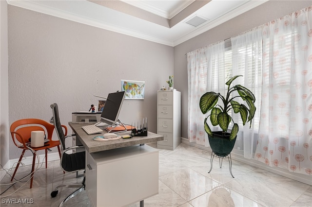 office area featuring a raised ceiling, ornamental molding, and light tile patterned floors