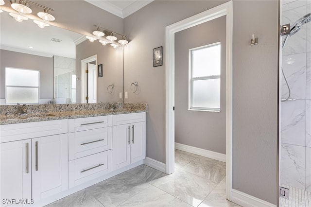 bathroom featuring tile patterned floors, an enclosed shower, crown molding, and vanity