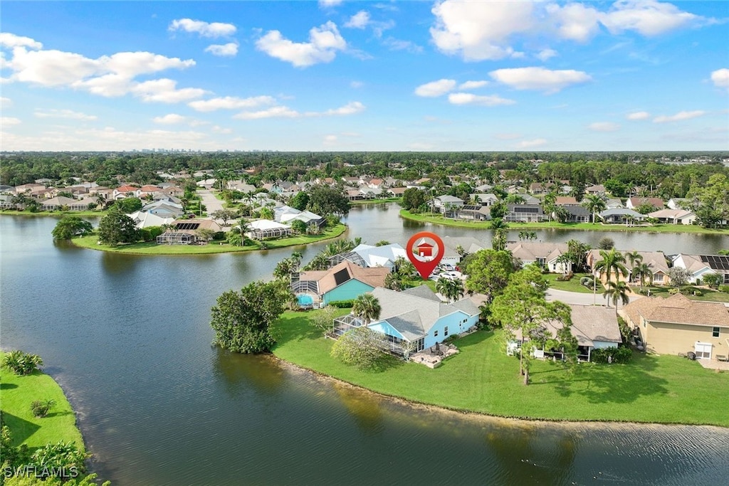 drone / aerial view featuring a water view