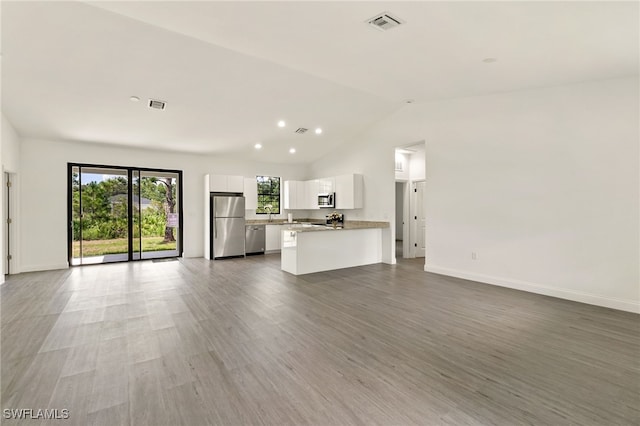 unfurnished living room featuring a wealth of natural light, sink, wood-type flooring, and lofted ceiling