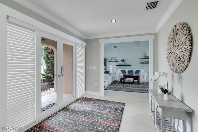 doorway with crown molding, french doors, and light tile patterned flooring