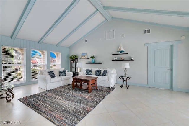 tiled living room featuring beamed ceiling and high vaulted ceiling