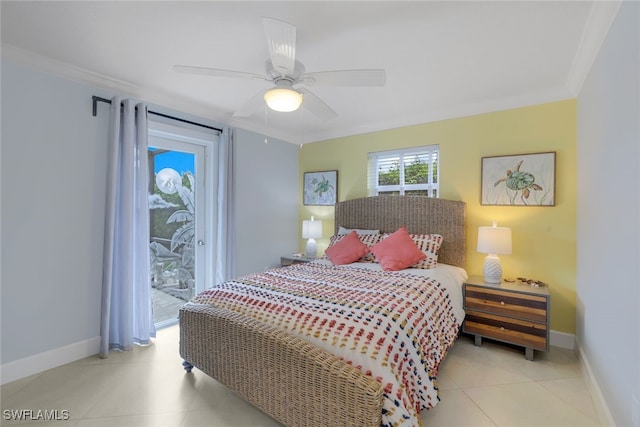 tiled bedroom with ornamental molding, access to exterior, and ceiling fan