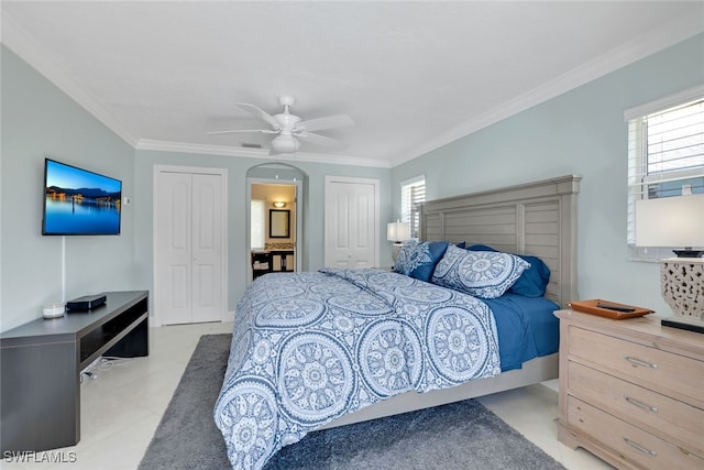 bedroom featuring multiple windows, ceiling fan, and crown molding