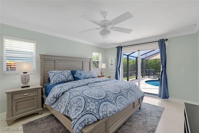 bedroom featuring crown molding, access to exterior, and ceiling fan