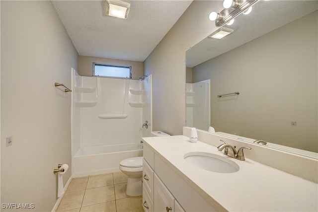 full bathroom with shower / bath combination, vanity, a textured ceiling, tile patterned flooring, and toilet