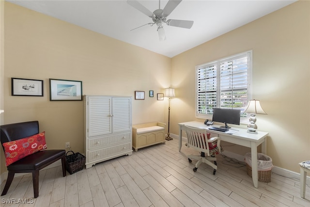 office area with ceiling fan and light wood-type flooring