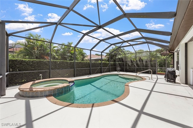 view of swimming pool featuring glass enclosure, a grill, an in ground hot tub, and a patio