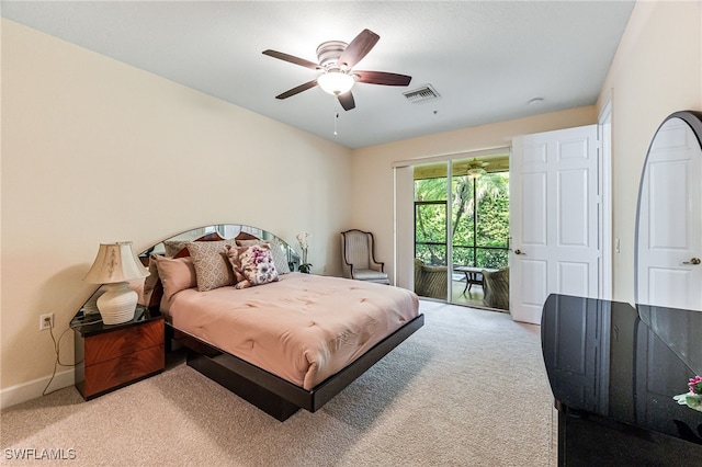 bedroom featuring light colored carpet, access to outside, and ceiling fan