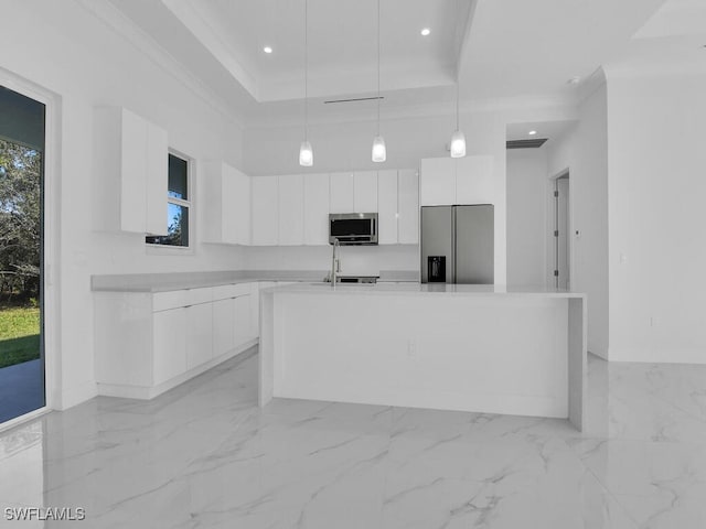 kitchen featuring white cabinets, pendant lighting, stainless steel appliances, and a raised ceiling