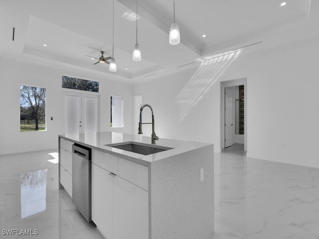 kitchen with a tray ceiling, white cabinetry, sink, and a kitchen island with sink