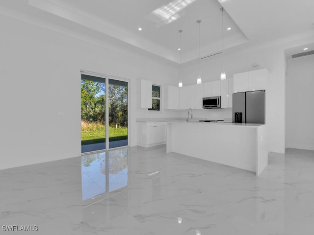 kitchen with pendant lighting, white cabinets, an island with sink, appliances with stainless steel finishes, and a tray ceiling