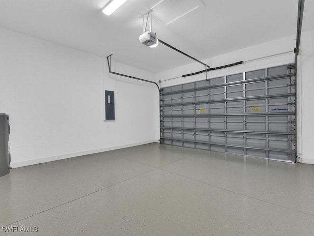 garage featuring electric panel and a garage door opener