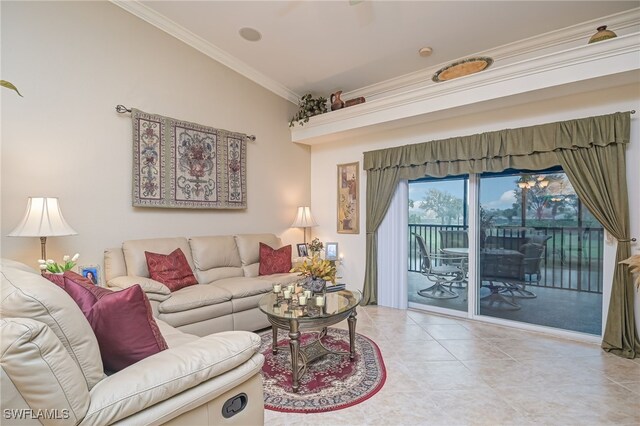 living room featuring light tile patterned floors and ornamental molding