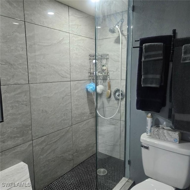 bathroom with a tile shower and toilet