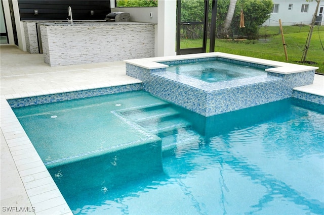 view of swimming pool with glass enclosure, a patio, area for grilling, a pool with connected hot tub, and a yard