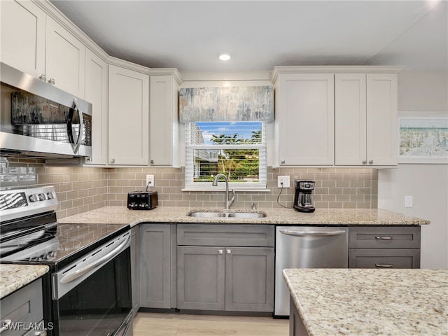 kitchen featuring light stone counters, sink, white cabinetry, decorative backsplash, and stainless steel appliances