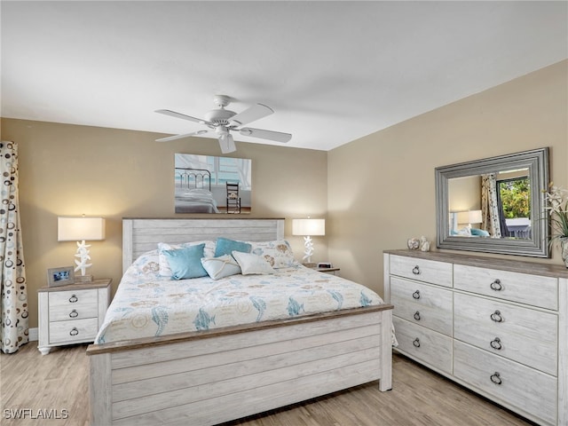 bedroom featuring light wood-type flooring and ceiling fan