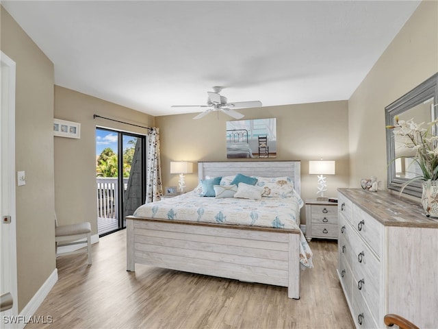 bedroom with access to outside, light wood-type flooring, and ceiling fan