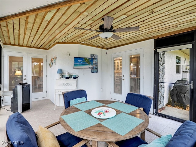 exterior space with ceiling fan, wooden ceiling, and french doors