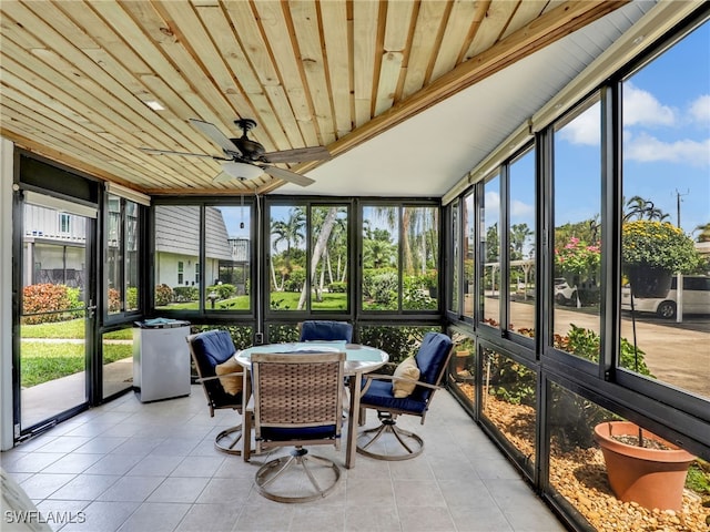 sunroom featuring wood ceiling, ceiling fan, and plenty of natural light