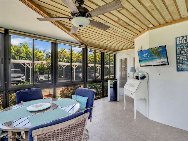 sunroom featuring ceiling fan, vaulted ceiling, and wooden ceiling