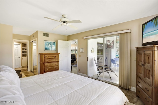 bedroom with access to exterior and ceiling fan