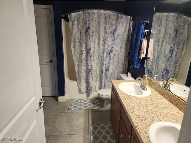 full bathroom with shower / bath combination with curtain, toilet, tile patterned floors, and vanity