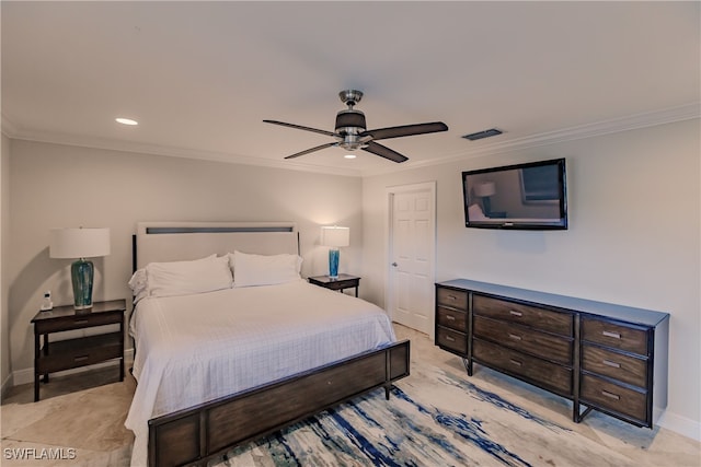 bedroom featuring ornamental molding and ceiling fan