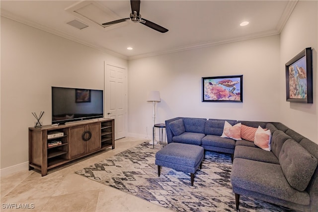 tiled living room with ornamental molding and ceiling fan