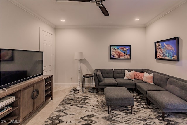 carpeted living room with crown molding and ceiling fan