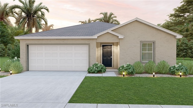 single story home with stucco siding, a front lawn, roof with shingles, concrete driveway, and an attached garage