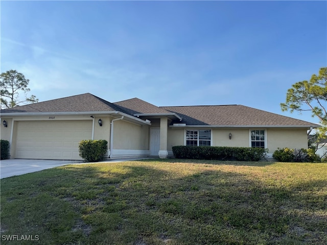 single story home with a garage and a front lawn