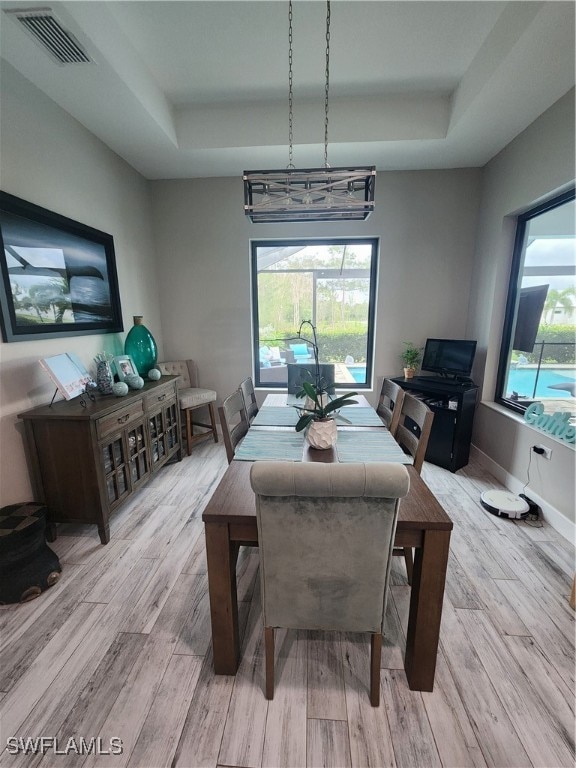 dining area featuring plenty of natural light, a tray ceiling, and light hardwood / wood-style floors