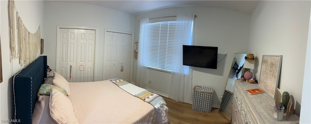 bedroom featuring two closets and light hardwood / wood-style floors