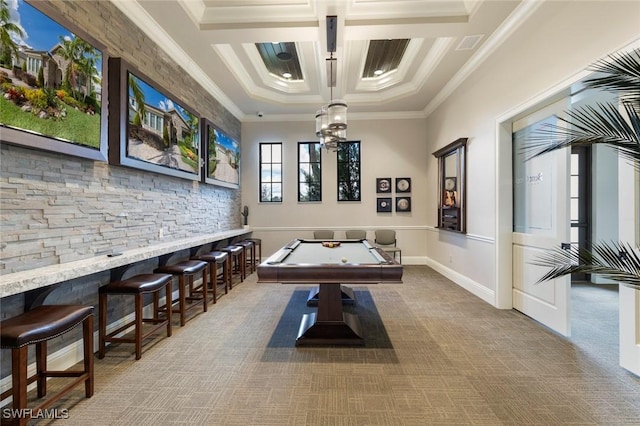 recreation room with baseboards, coffered ceiling, carpet floors, ornamental molding, and pool table