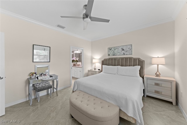 bedroom featuring visible vents, crown molding, baseboards, ensuite bath, and a ceiling fan