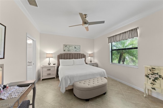 bedroom with visible vents, ceiling fan, crown molding, and baseboards