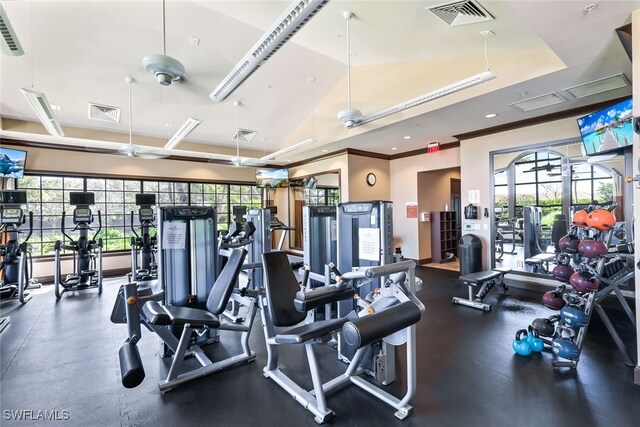 gym featuring crown molding, visible vents, and a healthy amount of sunlight